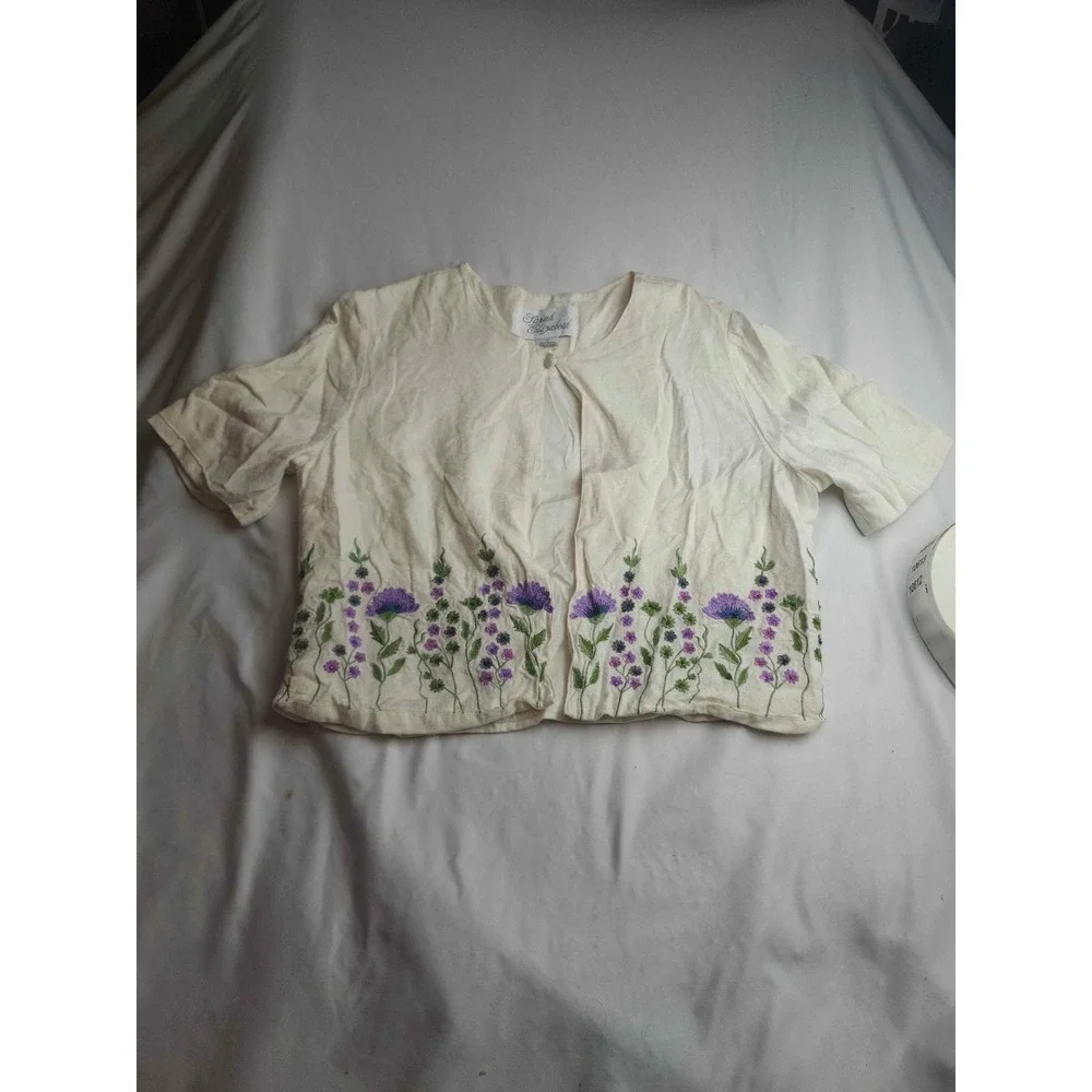Sarah Elizabeth Cream Rayon Floral Embroidered Short Sleeve Blouse Womens 12